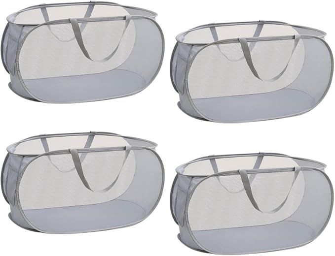 Rubruan 4 Piece Popup Mesh Laundry Basket Durable Handles Collapsible Laundry Baskets Folding Clothes Pastic Hamper for Laundry Room College Dorm (Gray)