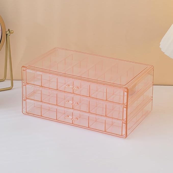 Earring Organizer Box Acrylic Stackable Jewelry Organizer with 3 Drawers 72 Small Compartments Clear Jewelry Display Stand for Stud Earring Ring Pin Display (Pink)