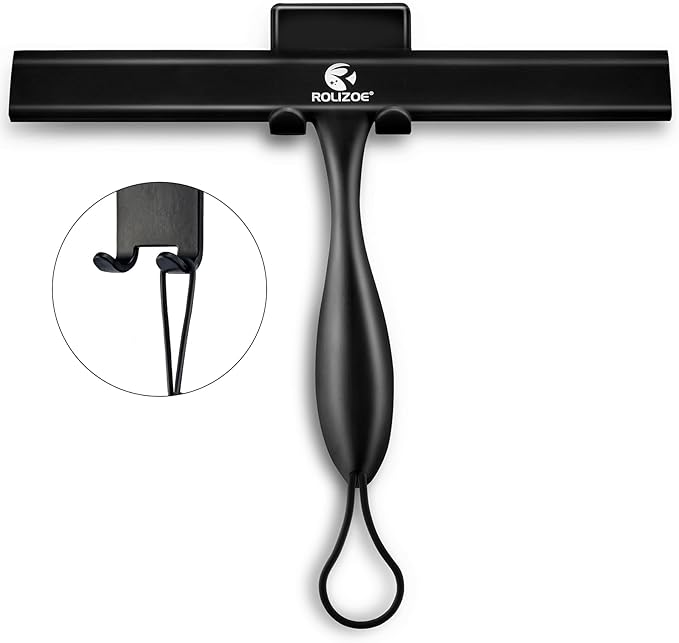 ROLIZOE Shower Squeegee for Shower Doors with Bold Handle, 11" Anti-Rust Silicone Shower Squeegee for Shower Glass Door with Stainless Steel Inner Frame, Ergonomics All-Purpose Window Squeegee-Black