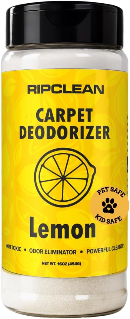 Ripclean Carpet Deodorizer & Freshener Cleaning Powder, Odor Eliminator for Strong Odors & Homes w/Pets, Safe around Kids & Pets, Use on Carpet, Rugs, Upholstery & More (16 Ounce, Lemon)