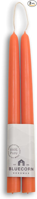 Bluecorn Beeswax Taper Candles, 100% Pure Natural Bees Wax, 10 Inch Pair, Orange Candlesticks, Unscented, Clean Burning & Dripless, Long Lasting, Thanksgiving & Christmas Decor, American Made, 1 Count