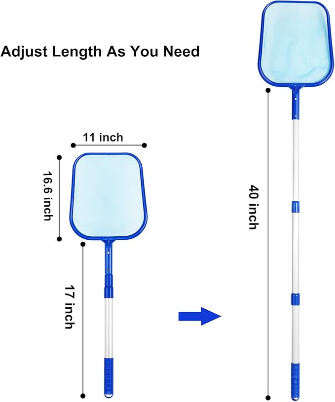 Pool Skimmer Net with Adjustable 17-40" Telescopic Pole - Fine Mesh Net - Leaf Skimmer for Cleaning Surface of Swimming Pools, Hot Tubs, Spas and Fountains