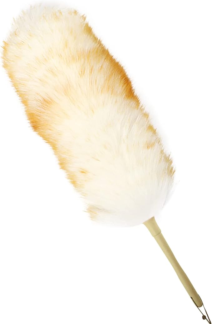 iHUFeather Lambs Wool Duster for Cleaning Window Blinds Computer Furniture TV Computer Screens Bookshelves Solid Wooden Handle Natural Feather Duster,26'', Yellow&White