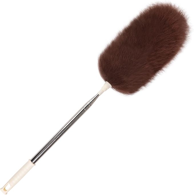 iHUFeather Extendable Lambswool Duster Stainless Steel Handle 133" Removable Feather Duster for Cleaning Ceiling Fans Interior Roof Furniture, Brown
