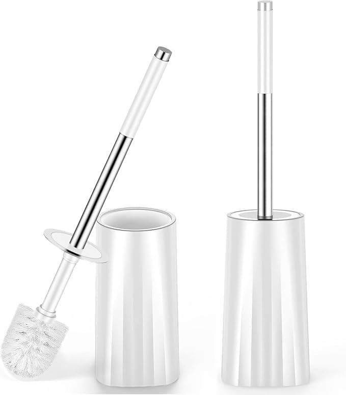 Toilet Brush and Holder Set, 2 Pack Toilet Bowl Brush with Stainless Steel Handle, Drip-Proof, Easy to Clean for Bathroom White