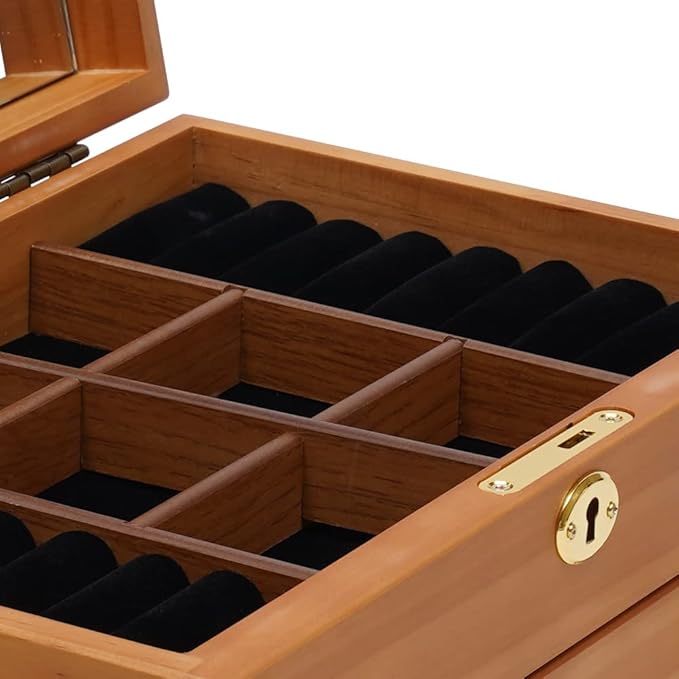 3-Layer Jewelry Organizer with 2 Drawers Wooden Jewelry Box Organizer Display Storage Case with Mirror and Lock for Women Necklace Ring Storage