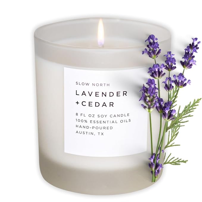 Slow North Lavender + Cedar Candle - Essential Oils and Pure Soy Wax Candle in a Reusable Frosted Glass Jar - A Unique Scented Candle Hand-Poured in The USA (8 oz)