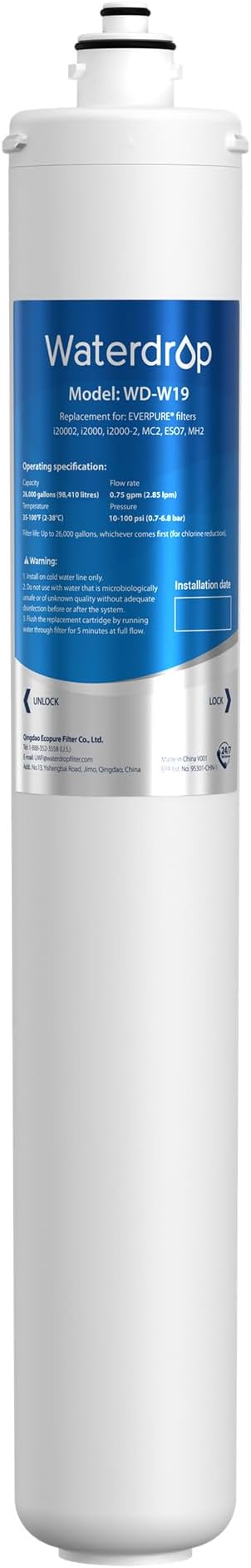 Waterdrop I2000 2 Under Sink Water Filter, Replacement Cartridge for Everpure i2000, MC2, ESO7, MH2, EV9612-22, EV9612-56, EV9607-25, EV9613-21, 26000 Gallons