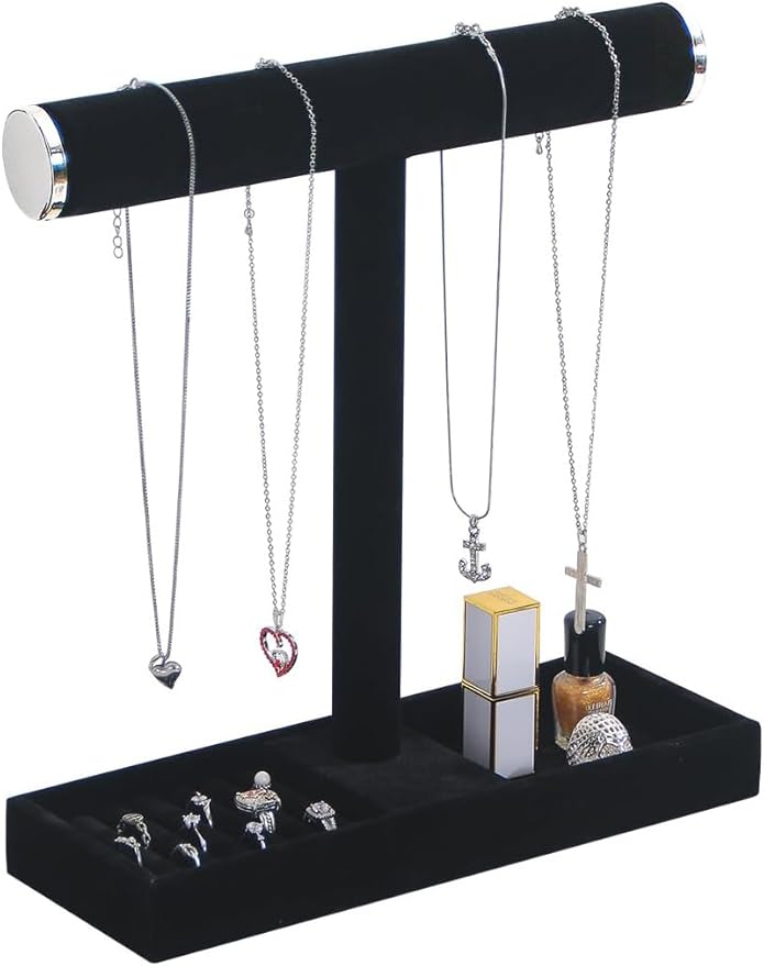 Justsoso Multi-Use Jewelry Holder Stand, Necklace Bracelet Ring Organizer Stand, Scrunchie Watches Velvet Jewelry Holder Stand With Tray for Women Girls Home Use(Black with Lid)