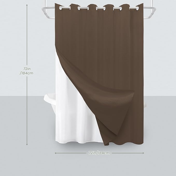 Inhousolu No Hook Waffle Weave Shower Curtain with Removable Snap in Fabric Liner Set for Bathroom, 230 GSM Heavy Duty Weighted Hem, Water Repellent Washable Bath Curtains, 72 x 72 Inch, Brown