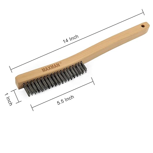Wire Brush,Heavy Duty Carbon Steel Wire Scratch Brush for Cleaning Rust with 14" Long Curved Beechwood Handle,Large
