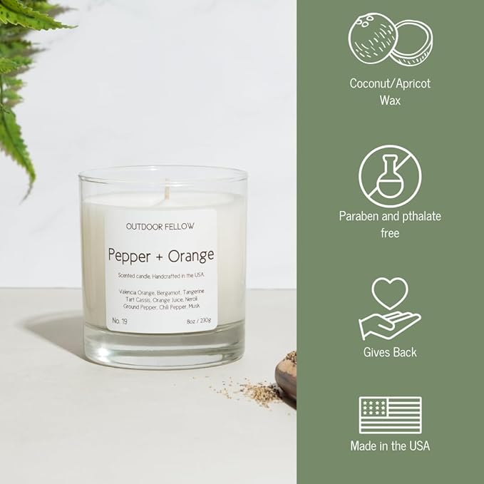Outdoor Fellow Pepper + Orange Candle, 8oz, Coconut & Apricot Wax Blend, Bergamot, Neroli, Chili Pepper, 40+ Hour Burn Time, Citrus Scented Candle, Vibrant Home Fragrance