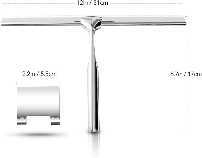Shower Squeegees Stainless Steel with Self Adhesive Hook Window Squeegees for Shower Doors Bathroom Mirror Wiper, Window Glass Cleaning