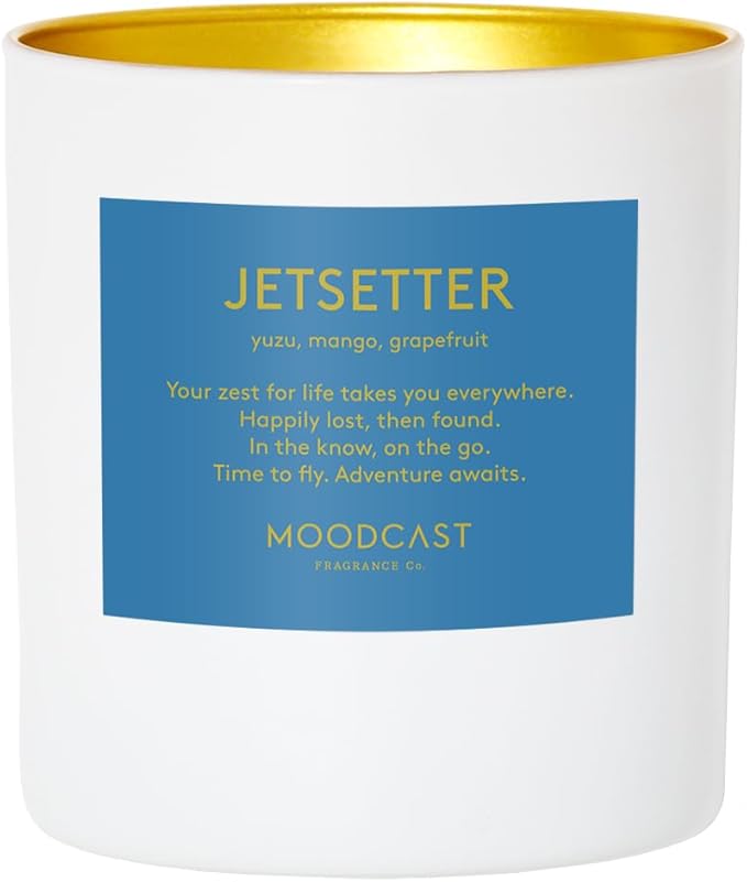 Moodcast Jet Setter Scented Candle - Aesthetic Candle for Home, Yuzu, Mango, Grapefruit & Vanilla Bean, Clean Coco Wax Blend, Vegan, Paraben Free, 45-Hour Long Lasting Burn - 8oz
