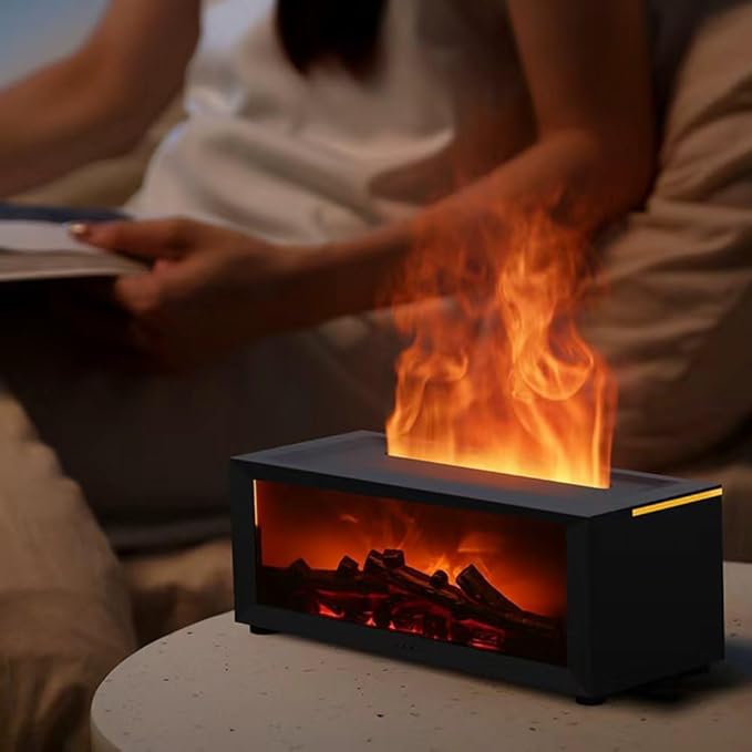 Fireplace Aroma Diffuser Humidifier, 7 Color Changing Essential Oil Diffuser with Realistic Flame Effect, Ultrasonic Quiet Aromatherapy Humidifier for Bedroom, Office, Home, Yoga Meditation (Black)