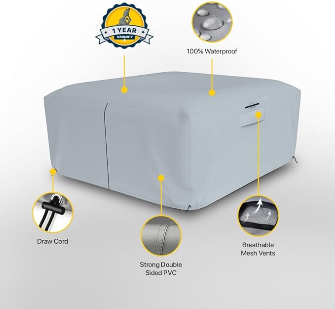 Seal Skin Covers Waterproof Hot Tub Cover, Heavy Duty Outdoor Spa Protector with Air Vents, Padded Handles, Adjustable Cord, Straps & All Weather Protection (Gray, 76"L x 76"W x 20"H)