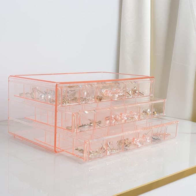 Earring Storage Box Organizer 3 Drawers Acrylic Jewelry Storage Box Holder Transparent Jewelry Display Stand with 72 Small Compartments Gift for Women Girls (Clear Pink)
