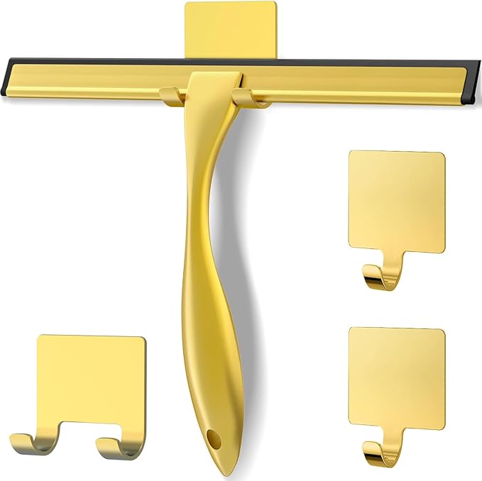 OVSGTTZ Stainless Steel Shower Squeegee for Glass Door with 3 Adhesive Hook, Glass Cleaning Squeegee for Bathroom & Household Window, Mirrors, Tiles and Car, Clear 10 Inches Golden