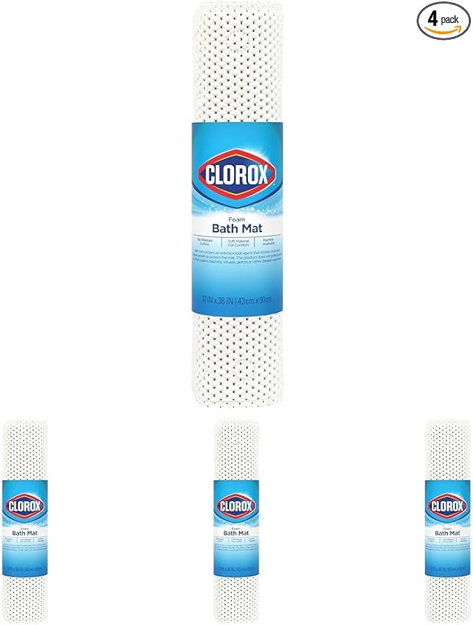 Duck Brand Clorox Cushioned Foam Bath Mat for Tubs, Non-Slip with Suction Cups, 17 Inches x 36 Inches, White (Pack of 4)
