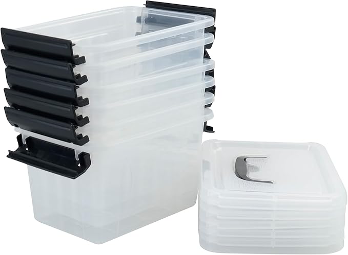 6-Pack 3 L Small Box with Lid, Plastic Clear Storage Bins with Handles