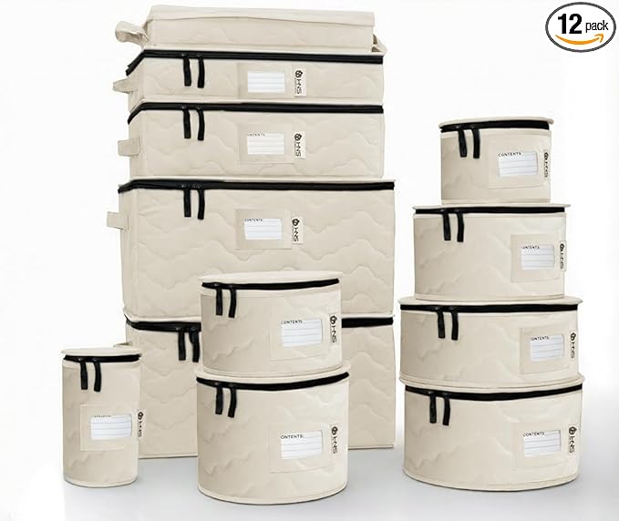 China Storage Hard Shell Containers 12-Piece Set Moving Boxes for Dinnerware, Glasses, Plates, Mugs and Saucers Sturdy Dish Organizer with Dividers for Seasonal Storage - Service for 12 -Beige Quilted