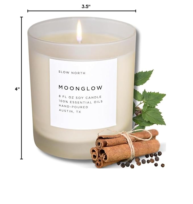 Slow North Moonglow Candle - Essential Oils and Pure Soy Wax Candle in a Reusable Frosted Glass Jar - A Unique and Mindful Scented Candle Hand-Poured in The USA (8 oz)
