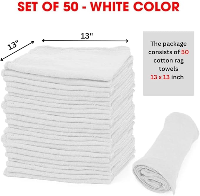 Shop Towels – Pack of 50 Reusable Cleaning Rags – Durable Quality Cotton – 13" x 13"– Machine Washable – Suitable for All Purposes (White)