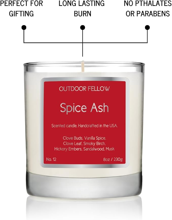 Outdoor Fellow Spice Ash Candle | Luxury Scented Candle with Coconut & Apricot Wax Blend | Clove, Smoky Birch, Sandalwood & Musk | 40+ Hour Burn Time | Perfect for Home or Gifting (8oz)