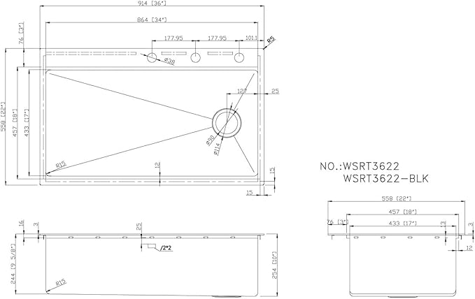 36” x 22” Workstation Topmount/Drop-in Stainless Steel Sink, 16-Gauge Bowl, 15mm Radius Corners, Accessories Includes Bottom Protective Grid, Dish Rack, Colander, Strainer & Cutting Board