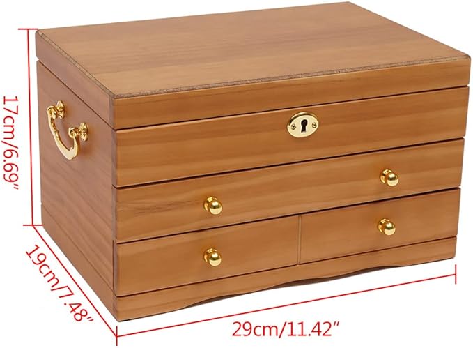 3-Layer Jewelry Organizer with 2 Drawers Wooden Jewelry Box Organizer Display Storage Case with Mirror and Lock for Women Necklace Ring Storage