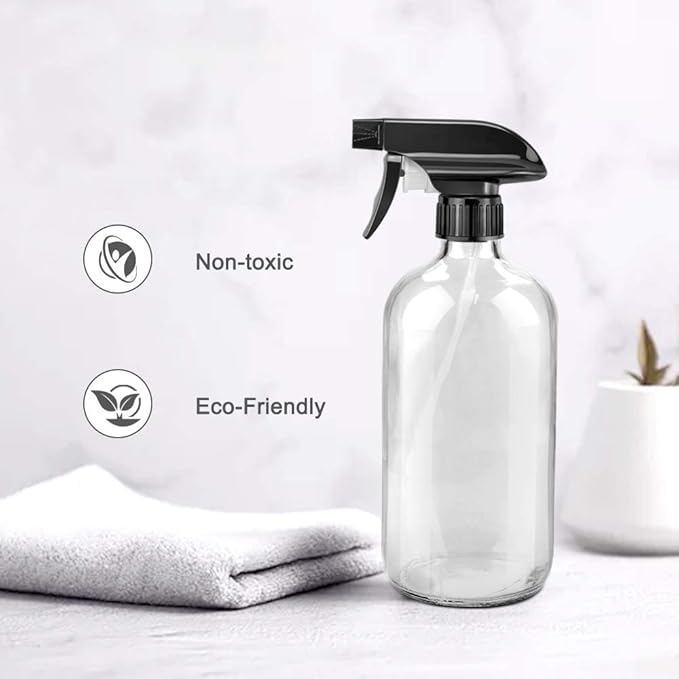 Worldgsb Glass Spray Bottles, 16oz Clear Glass Spray Bottles with Labels & Adjustable Nozzle, Reusable Containers for Cleaning, BBQ, Food, Plants, Alcohol, Essential Oils(3 Pack)
