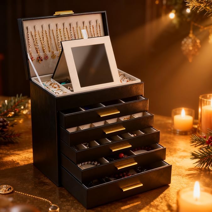 BOOVO Jewelry Box with Necklace Hanger – Jewelry Organizer for Women with 5 Drawers, Large Jewelry Storage Boxes –Jewelry Organizers and Storage for Earrings, Necklaces (Black, 6 layer)