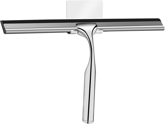 Shower Squeegee for Glass Doors Stainless Steel with Self Adhesive Hook Window Squeegee for Shower Door Bathroom Mirror Wiper, Window Glass Cleaning