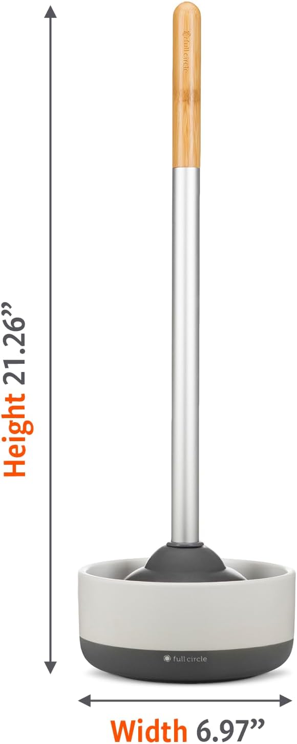 Full Circle Royal Plunge - Bathroom Toilet Plunger with Ceramic Holder and Diatomaceous Earth Disk for Mold & Mildew Prevention, Easy to Clean & More Hygenic, White