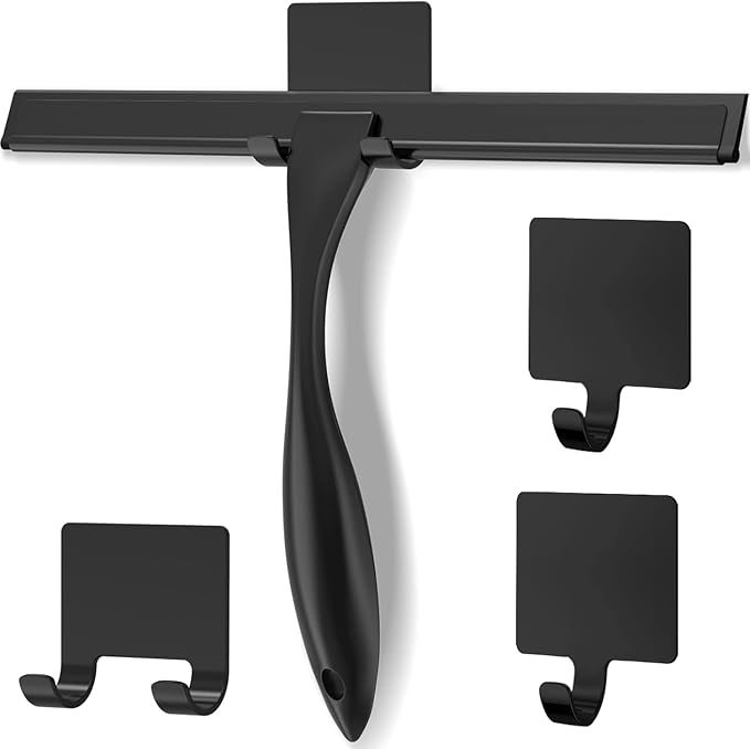 OVSGTTZ Stainless Steel Shower Squeegee for Glass, Includes 3 Adhesive Hooks, Shower Door Squeegee for Bathroom, Household Window, Car Windshield, Mirrors, Tiles Scrubber Clear, 12 inch Black