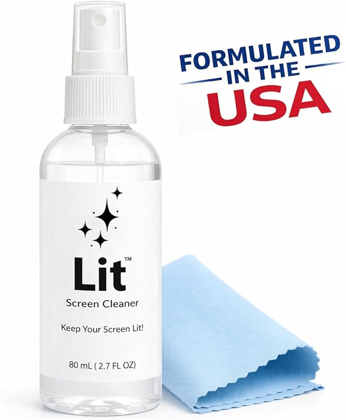 Lit Screen Cleaner Spray Kit (80 mL) + Microfiber Cloth — for Phone, iPad, Tablet, Laptop, Monitor, TV, Camera Lenses & Eyeglasses — Streak-Free, Alcohol-Free & Ammonia-Free, Travel Size