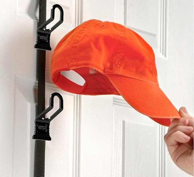 Perfect Curve Cap Rack | Over-The-Door Hat Organizer | Nine hooks holds 9-18 Caps | Baseball Cap Rack for Door | 1 Strap | Black