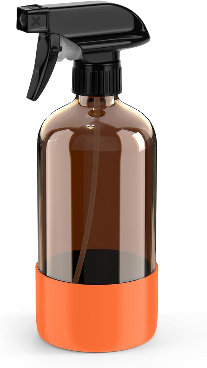Bontip Amber Glass Spray Bottle with Silicone Sleeve Protection, 16 oz Refillable Spray Bottle for Cleaning Solutions, Plants, Aromatherapy, Facial Hydration (Orange Sleeve(Amber Bottle)