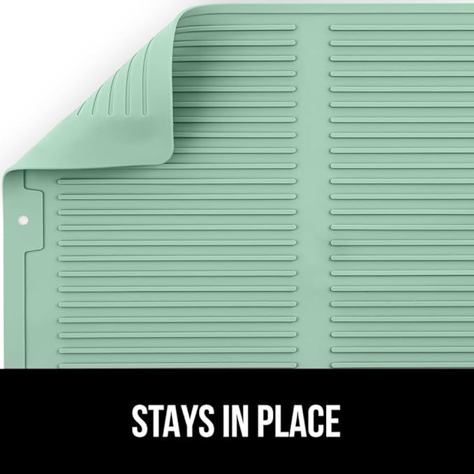 GORILLA GRIP 100% BPA-Free Patented Silicone Dish Drying Mat for Kitchen Counter, Water Catching Ribbed Design, Easy Clean Waterproof Sink Liner, Heat Resistant, Fits Under Rack, 12x16 Inch, Mint