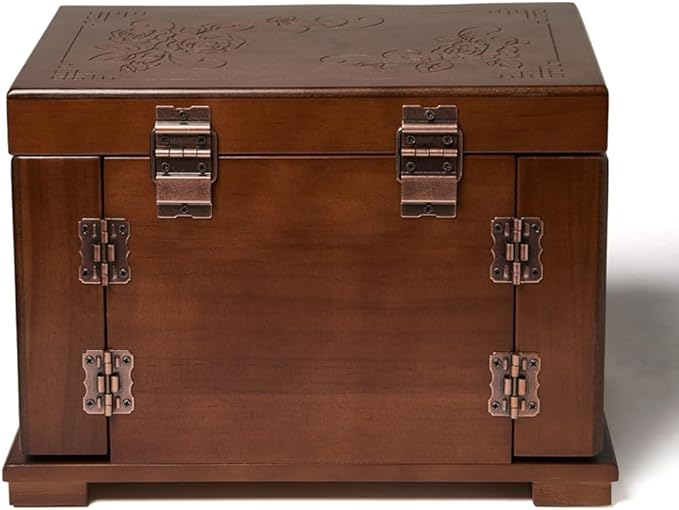 FEECOZ Wooden Jewelry Box for Women, Solid Wood Jewelry Organizer with Mirror and 3-Drawer, Ring,Necklacel,Vintage Style Storage Box with Lock (Dark Brown（Rose Pattern)
