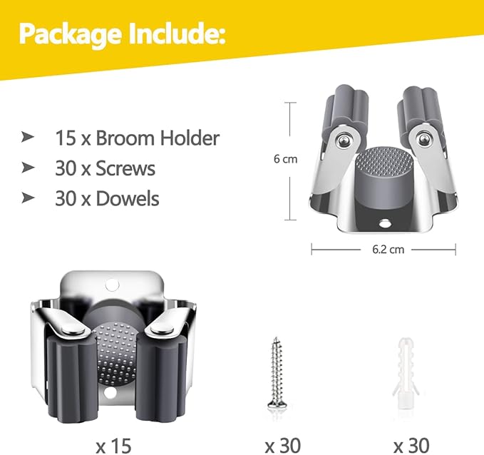 Verdenu 15 Pack Broom Holder Wall Mount, Mop and Broom Holder Wall Mount, Stainless Steel Command Broom Holder with Screws, Garden Tool Storage Organizer for Kitchen, Home, Bathroom, Garage, Grey