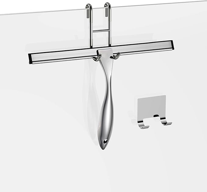 Shower Squeegee for Glass Door 12-Inch Stainless Steel Bathroom Squeegee Window Wiper, 100% Streak-Free, Includes Shower Door Hook and Adhesive Hook, for Window Mirror Tiles Car All-Purpose Squeegee