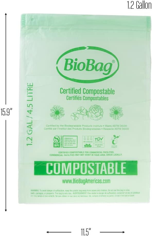 1.2 Gallon Compostable Drawstring Food Scrap Bags by BioBag, 80 Count, BPI Certified, Meets ASTM D6400 Standards, Made in USA, Kitchen Counter Bin Liners