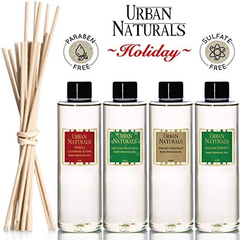 Urban Naturals Frosted Pinecones Holiday Oil Reed Diffuser Refill with Free Set of Reed Sticks – Pine, Cinnamon, Clove, Cedar Wood, Sandalwood and Vanilla Bean – Vegan, 4 oz, Made in The USA