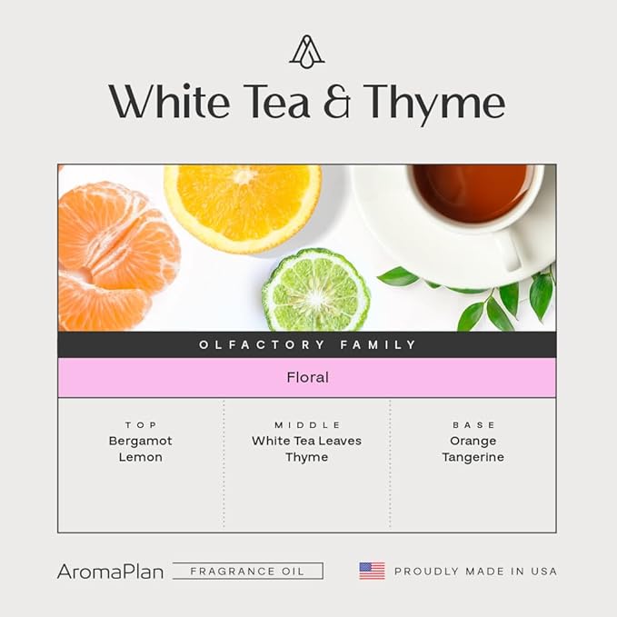 AromaPlan Hotel Scents White Tea & Thyme 5 Fl Oz (148ml), Home Luxury Aroma & Hotel Fragrance Diffuser Oil- Hotel Diffuser Oil for Aromatherapy- USA Made, Bigger Bottle, Bolder Aroma & Longer Lasting