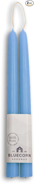 Bluecorn Beeswax Taper Candles, 100% Pure Natural Bees Wax, 10 Inch Pair, Sky Blue Candlesticks, Unscented, Clean Burning & Dripless, Long Lasting, Thanksgiving & Christmas Decor, American Made, 1 Ct