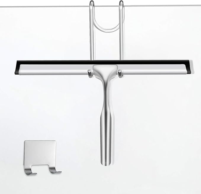 Windran 10-Inch Shower Squeegee for Glass Doors, Stainless Steel Shower Squeegee with Shower Door Hook & Adhesive Hook, Multi-Purpose Bathroom Squeegee for Glass, Door, Mirror and Window (Silver)