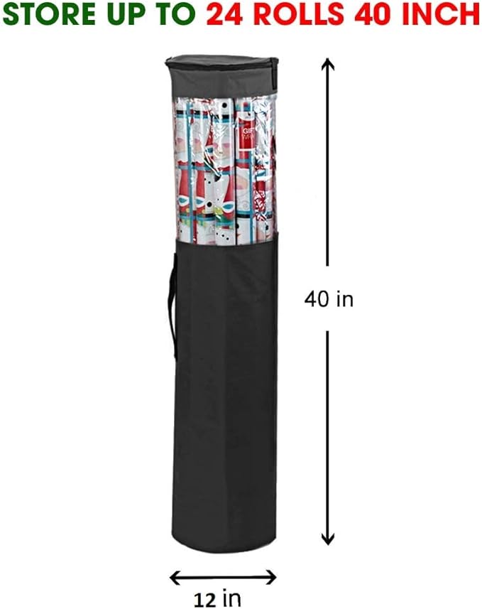 ProPik Wrapping Paper Storage Organizer Bag, Store Up To 24 Rolls 40 Inch, Heavy Duty Polyester plus PVC Clear Bag with Handles and Zippered Top for Gift Wrap and Ribbons (Black)