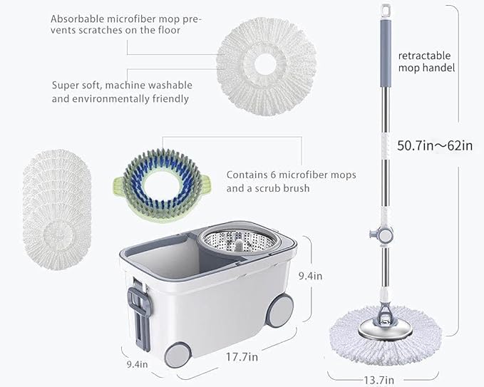 Michao Spin Mop Bucket Deluxe 360 Spinning Floor Cleaning System with 6 Microfiber Replacement Head Refills,62" Extended Handle,4X Wheel for Home Cleaning
