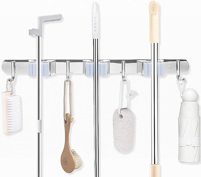 DGSL 1 PCS Broom Holder Wall Mount with 3 Racks 4 Hooks, Stainless Steel Wall Mounted Organizer Mop and Broom Storage Tool Rack for Home Kitchen Garden